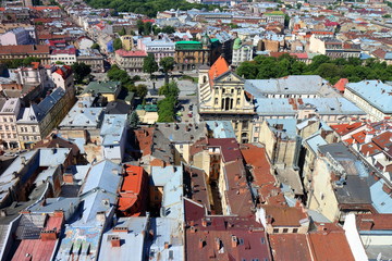 Panorama of old historical city center of Lviv. Ukraine, Europe. City view, from air