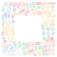Children medical center. Healthcare illustration. Doodle icons with small kids, infection, fever, cold, virus, illness.