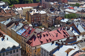 Panorama of old historical city center of Lviv. Ukraine, Europe. City view, from air