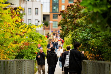 (selective focus) People walking on the beautiful High Line in Manhattan, New York, USA. 