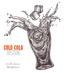 Glass with splashed cola and ice cube, hand drawn sketch in old engraving style. Fast food drink, lemonade or water. Monochrome image for menu, advertising, banners. Vector illustration on white - obrazy, fototapety, plakaty