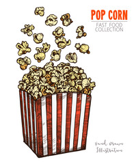 Package full of popcorn and popping corn. Classic striped white-and-red cardboard box with traditional movie snack. Color image in engraving style. Vector illustration isolated on white background