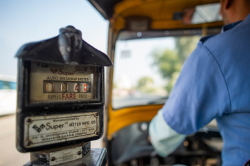 Close-up view of a taxi meter on a auto rickshaw (also known as Tuc Tuc). 