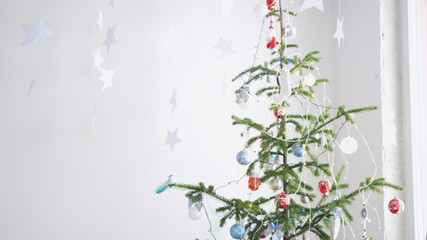 Paper stars hanging for background of a Christmas interior by the fir-tree next to the window. Christmas concept
