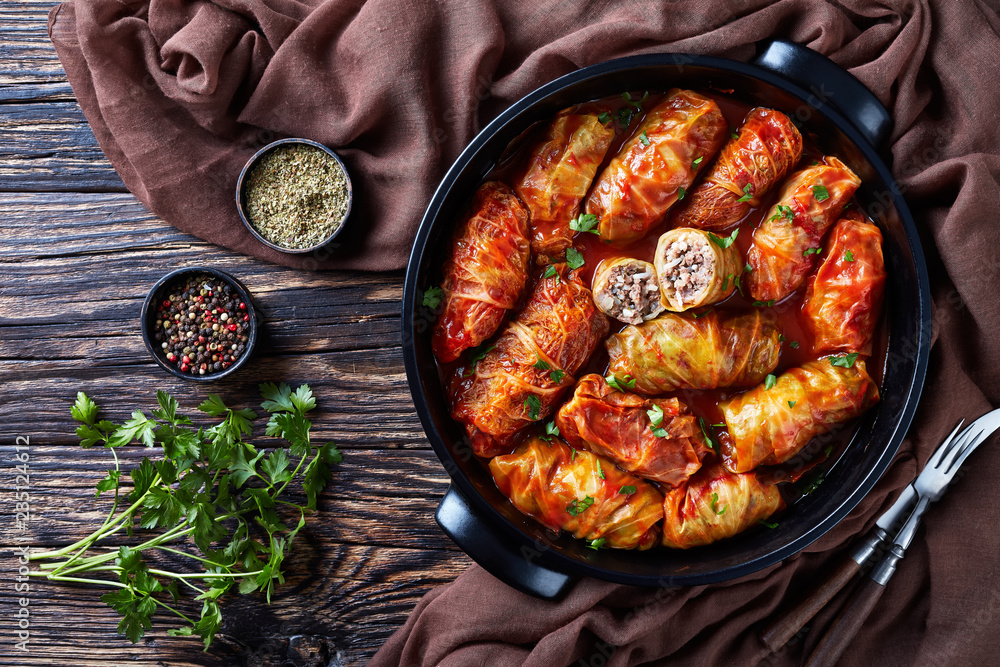 Canvas Prints overhead view of raw cabbage leaves rolls