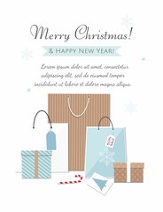 Merry Christmas and New Year banner with gift boxes and shopping bags isolated on white background. 