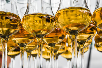 Dear Scotch whiskey in branded glasses on a high leg.