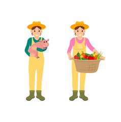 Woman with Basket and Pig Vector Illustration