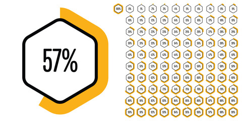 Set of hexagon percentage diagrams (meters) from 0 to 100 ready-to-use for web design, user interface (UI) or infographic - indicator with yellow - obrazy, fototapety, plakaty