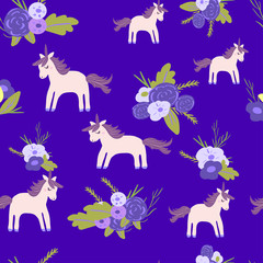 Cute magic Unicorns on a floral background. Seamless pattern