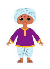 Indian boy wearing traditional clothes: dhoti, kurta and turban. Character design. Vector illustration in chibi style, isolated on white.