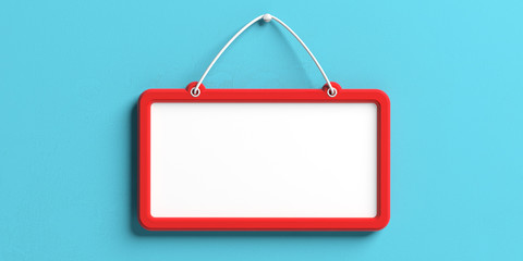 Blank sign with red frame hanging on blue wall background, copy space. 3d illustration