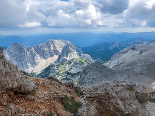 Fototapeta premium Beautiful view of Alps at path to mountain Triglav in national park in Slovenia.