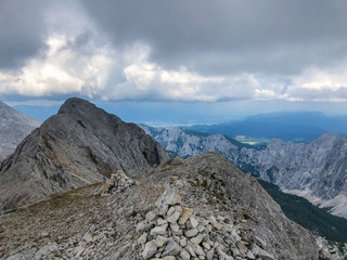 Landscape view from path leading to highest Slovenian mountain Triglav at 2864m.