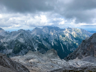 Fototapeta premium Landscape view from path leading to highest Slovenian mountain Triglav at 2864m.