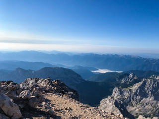 View from the top of the highest mountain in Slovenia called Triglav 2864m heigh