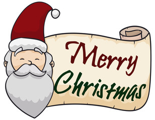 Happy Santa Claus with Greeting Scroll for Christmas Celebration, Vector Illustration