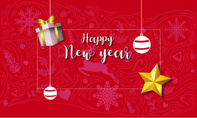 Fototapeta na wymiar Merry Christmas and Happy New year Concept. Gift Box and Golden Star with Christmas Ornaments, Happy new year with beautiful calligraphy.