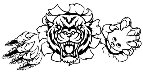 A Tiger angry animal sports mascot holding a ten pin bowling ball and breaking through the background with its claws