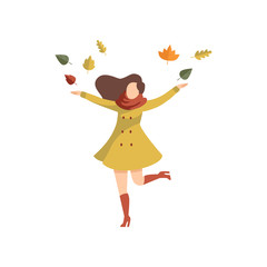 Young woman throwing leaves up wearing autumn casual clothes vector Illustration on a white background