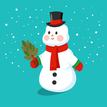 Cute snowman in a hat, scarf and mittens. Vector cartoon funny character isolated on background.