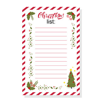 Christmas wish list with holly berry leaves and holiday tree vector template isolated on white background.
