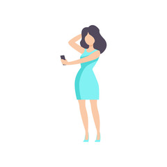Beautiful brunette girl in blue dress with smartphone, young woman at party or nightclub vector Illustration on a white background