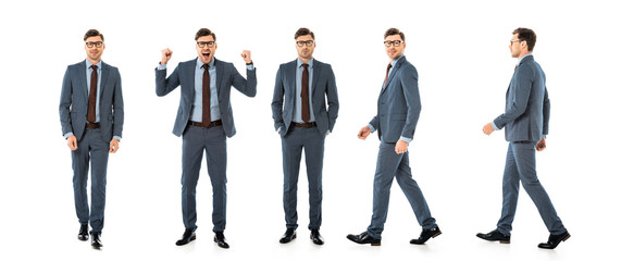 collage of handsome businessman in suit walking and standing with different emotions isolated on white