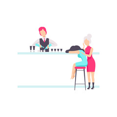 Bartender standing at the bar counter mixing cocktails, drunk girls sitting at the bar or nightclub vector Illustration on a white background
