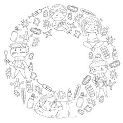 Children medical center. Healthcare illustration. Doodle icons with small kids, infection, fever, cold, virus, illness.