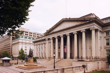 Washington, neoclassical style building of treasury department. USA
