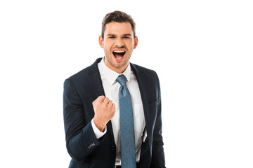 adult happy businessman shouting and rejoicing isolated on white