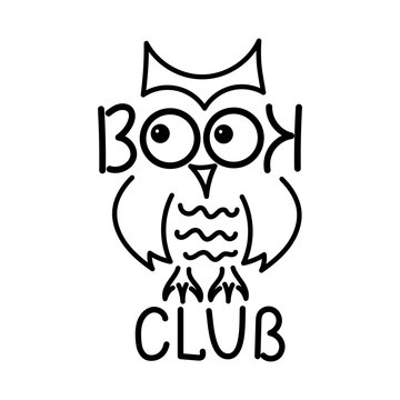 "book club", handwritten. Funny Owl. Vector illustration,