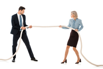 businesspeople in formal wear playing tug of war isolated on white