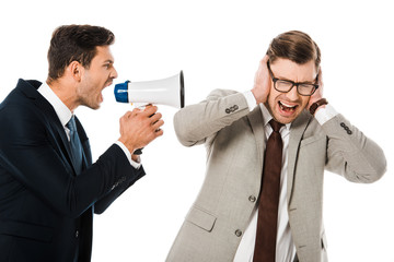 angry boss shouting with loudspeaker at scared employee isolated on white