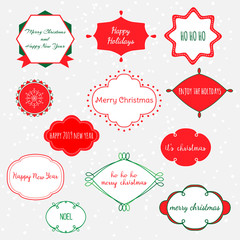 Vector set of labels and frames in red, green and white colors. Vintage Christmas and new year collection of banners and badges for season's greetings, winter and december holidays.