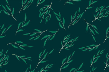Eucalyptus Vector Seamless Pattern with Leaves, Branches and Floral Elements. Elegant Cute Background for Rustic Wedding Design, Fabric, Textile, Dress. Eucalyptus Vector in Vintage Style for Print.