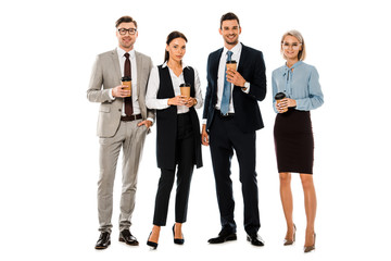 Obraz premium smiling businesspeople having coffee break together isolated on white