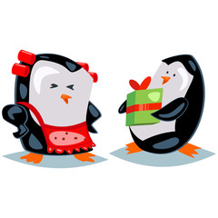 Cute cartoon penguin gives gift. Vector character isolated on a white background.