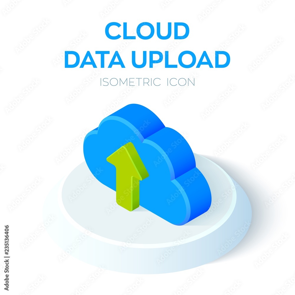 Poster cloud data upload icon. 3d isometric cloud with upload arrow. created for mobile, web, decor, print 
