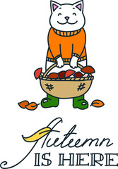 Autumn is here. Doodle illustration of cute mushroom picker cat with basket of mushrooms. Can be used for t-short print, poster or card. Vector 8 EPS