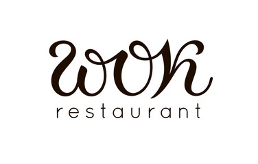 Obraz na płótnie Canvas Wok restaurant logo. Black and white handwritten lettering typography and fast food logotype isolated. Emblem for chinese, indian, thai, asian food menu design. Abstract vector food logo. EPS 10.