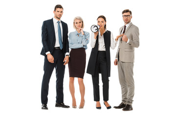 successful business team talking with bullhorn isolated on white