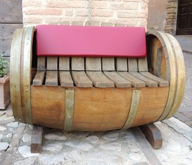 Bench made with a wine cask in Montefalco, Umbria (Italy), a medieval town that is famous for the red wine "Sagrantino" production.