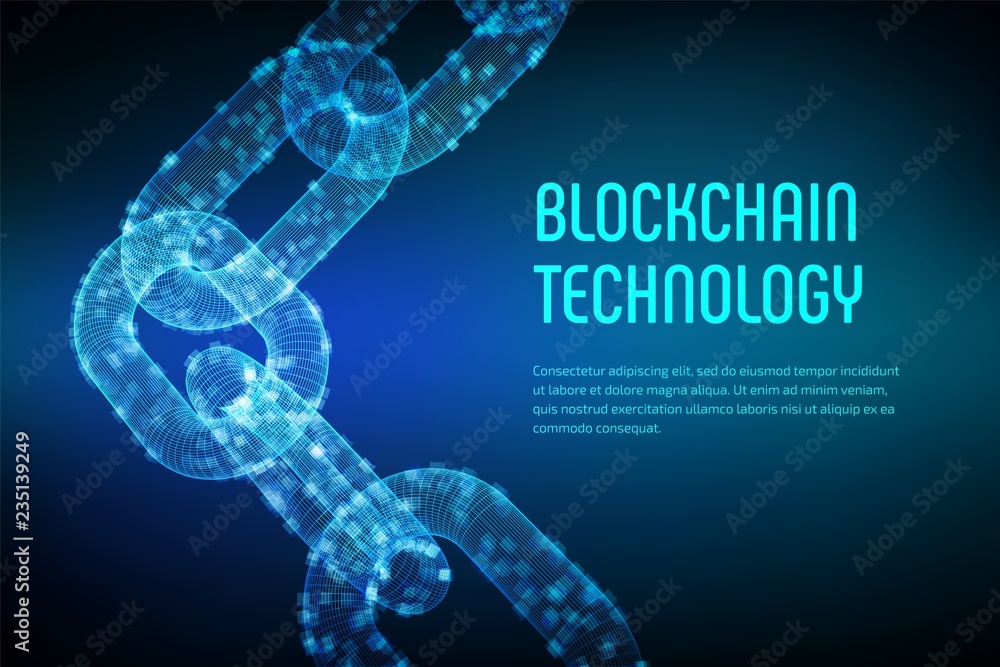 Poster block chain. crypto currency. blockchain concept. 3d wireframe chain with digital blocks. editable c