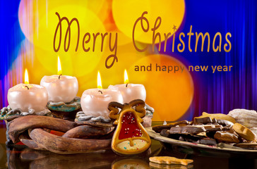 Advent Wreath with Burning Candles in  front of Christmas Tree. merry Christmas and happy new year.