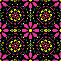 Mexican floral vector seamless pattern, traditional folk art colorful fiesta design on black background 
