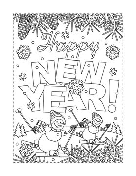Coloring page with Happy New Year greeting, outdoor winter scene and two sporty skiing snowmen
