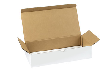 Open empty cardboard box on a white background