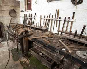 Vintage old fashioned workshop tools and bench